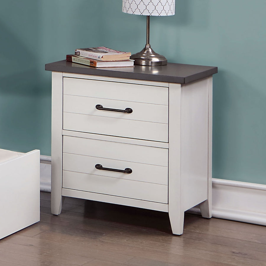 White Solid Wood Nightstand with Gray Top – 2 Drawers, Black Pulls, Two-Tone Finish