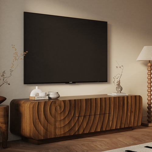 Spiral Wave TV Stand for TVs Up to 65", 58" Mid-Century Media Console with 2 Drawers and Cabinets, Walnut