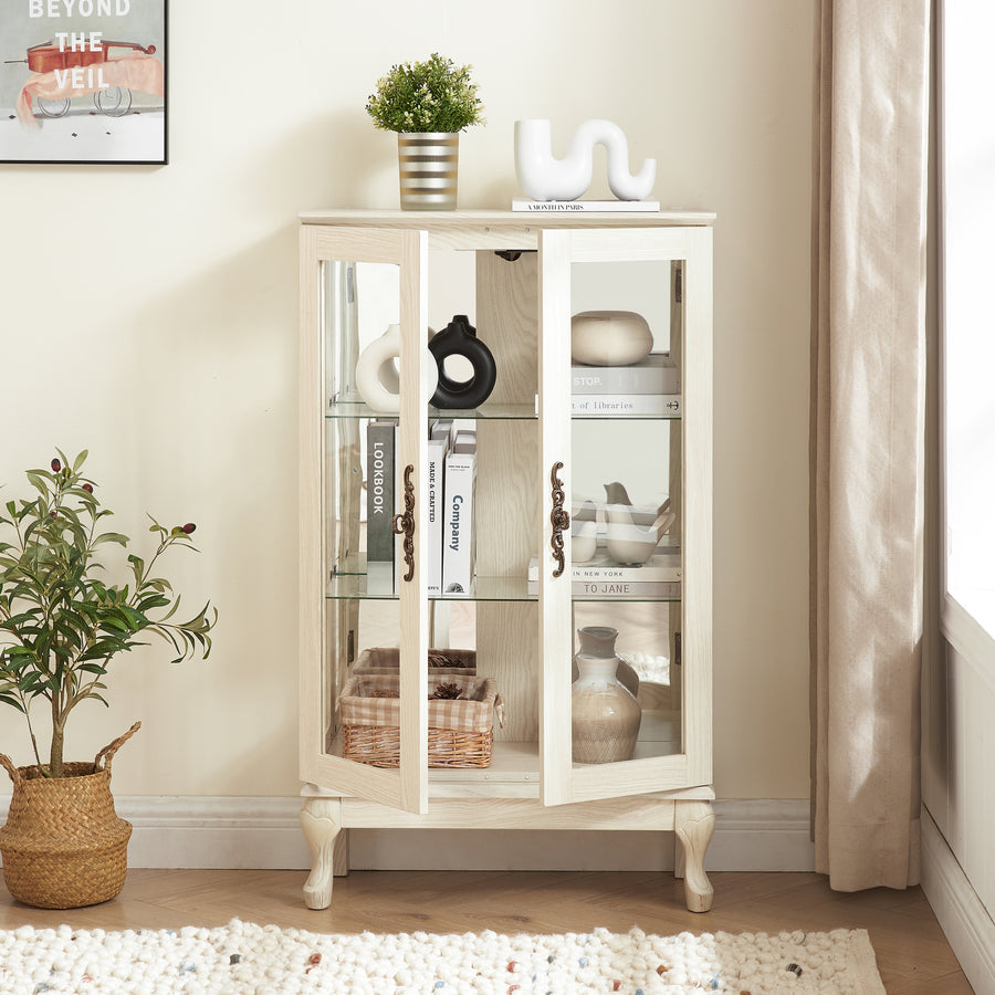 Lighted Curio Cabinet with Tempered Glass Doors and Mirrored Back, White, view 3