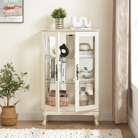 Lighted Curio Cabinet with Tempered Glass Doors and Mirrored Back, White, view 3