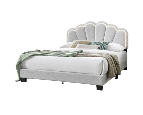 Queen Upholstered Platform Bed with Floral Headboard and Built-In LED, White, view 8