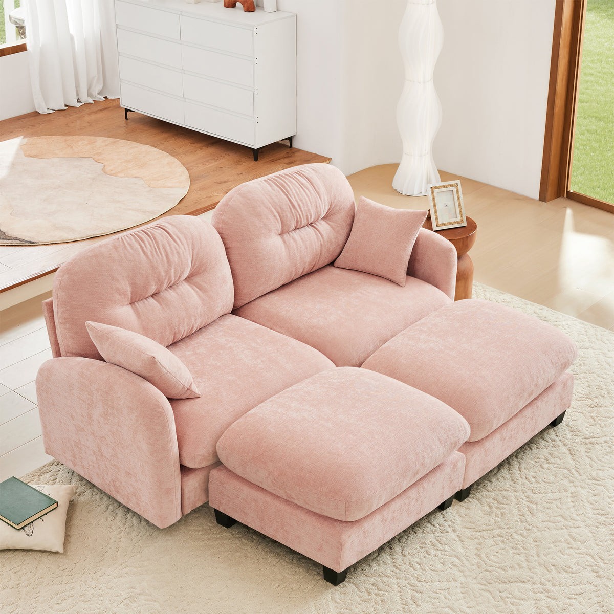 UNITED WE WIN Pink Chenille Cloud Modular Sofa | 2/5-Seater U/L-Convertible Loveseat (Tufted Back, Removable Covers)