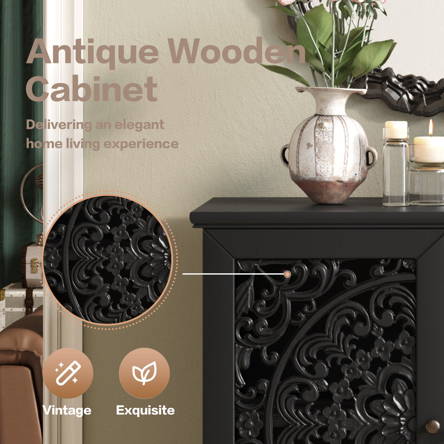 Vintage Accent Cabinet with Carved Floral Doors and Solid Wood Legs, Black, view 8