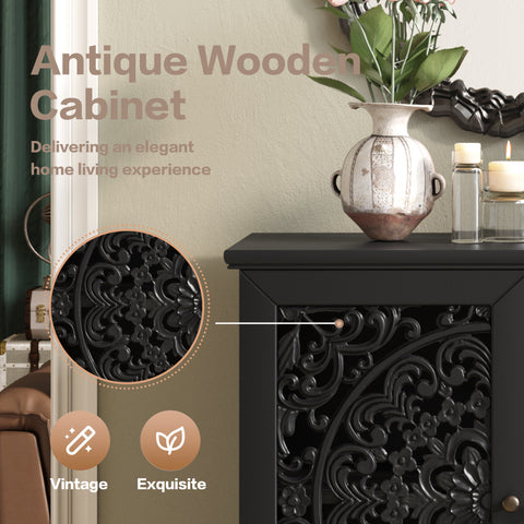 Vintage Accent Cabinet with Carved Floral Doors and Solid Wood Legs, Black, view 8