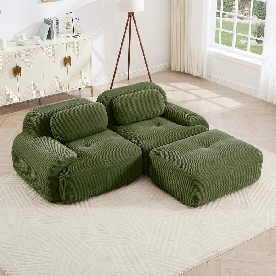 Olive Green & White Chenille 4-Piece 82'' L-Shaped Modular Sectional Sofa | 5-Seater Convertible Couch with Curved Armrests & Ottoman