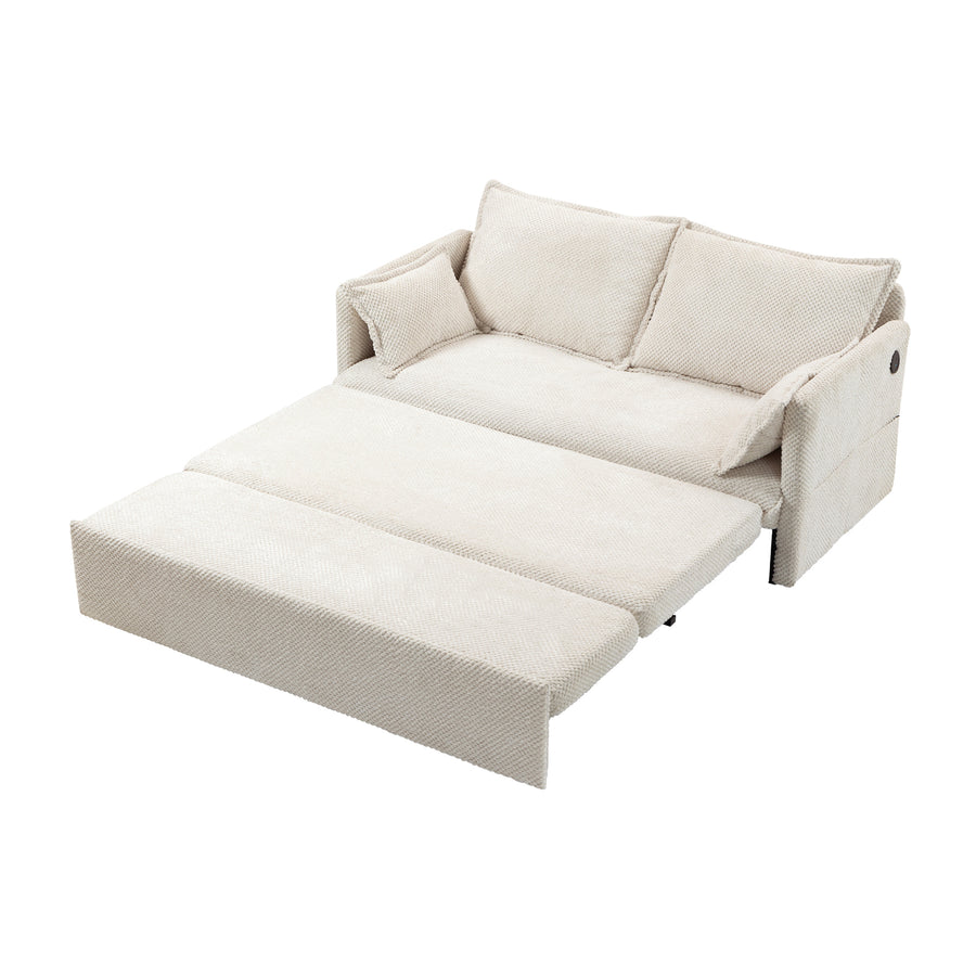 59.5" Corduroy Pull Out Sofa Bed - Side Storage & USB/C-Ports
