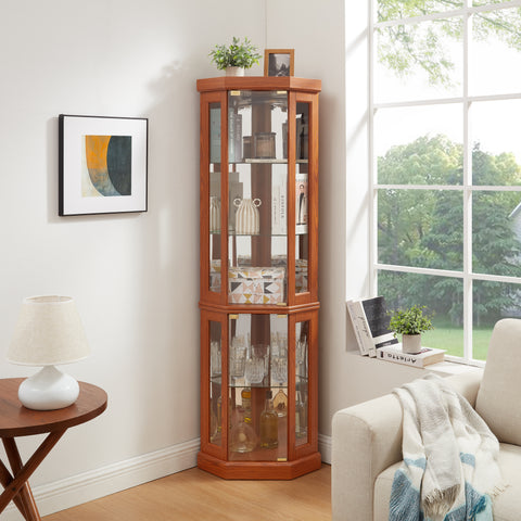 Lighted Corner Curio Cabinet with Glass Doors and Mirrored Back, Dark Oak, view 2