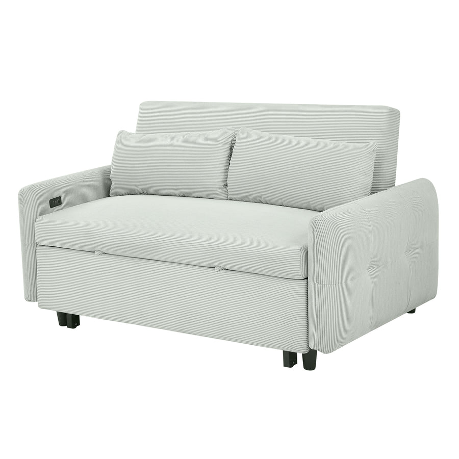 57.48" Light Grey-Green Corduroy Convertible Loveseat - USB Ports