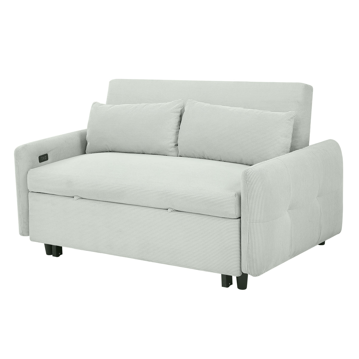 57.48" Light Grey-Green Corduroy Convertible Loveseat - USB Ports