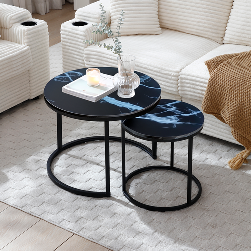 Round Nesting Coffee Table Set of 2, Industrial Marble Pattern with Metal Frame, Black