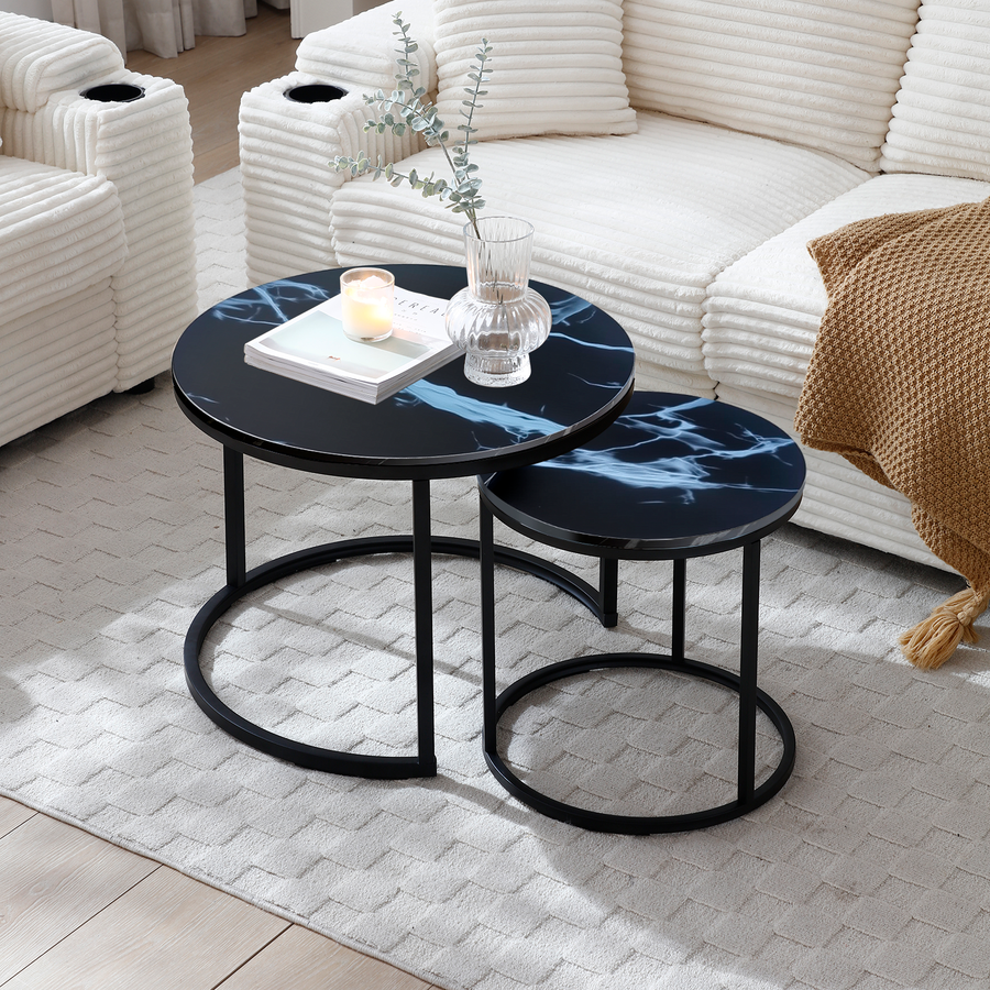 2PC Modern Industrial Nesting Coffee Table - Black Round Marble Pattern Wooden Nightstand