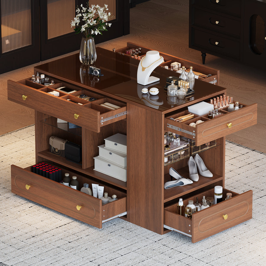 1PC Walnut Closet Island - 6 Drawers + Glass Display Top + Open Shelves + Jewelry Storage