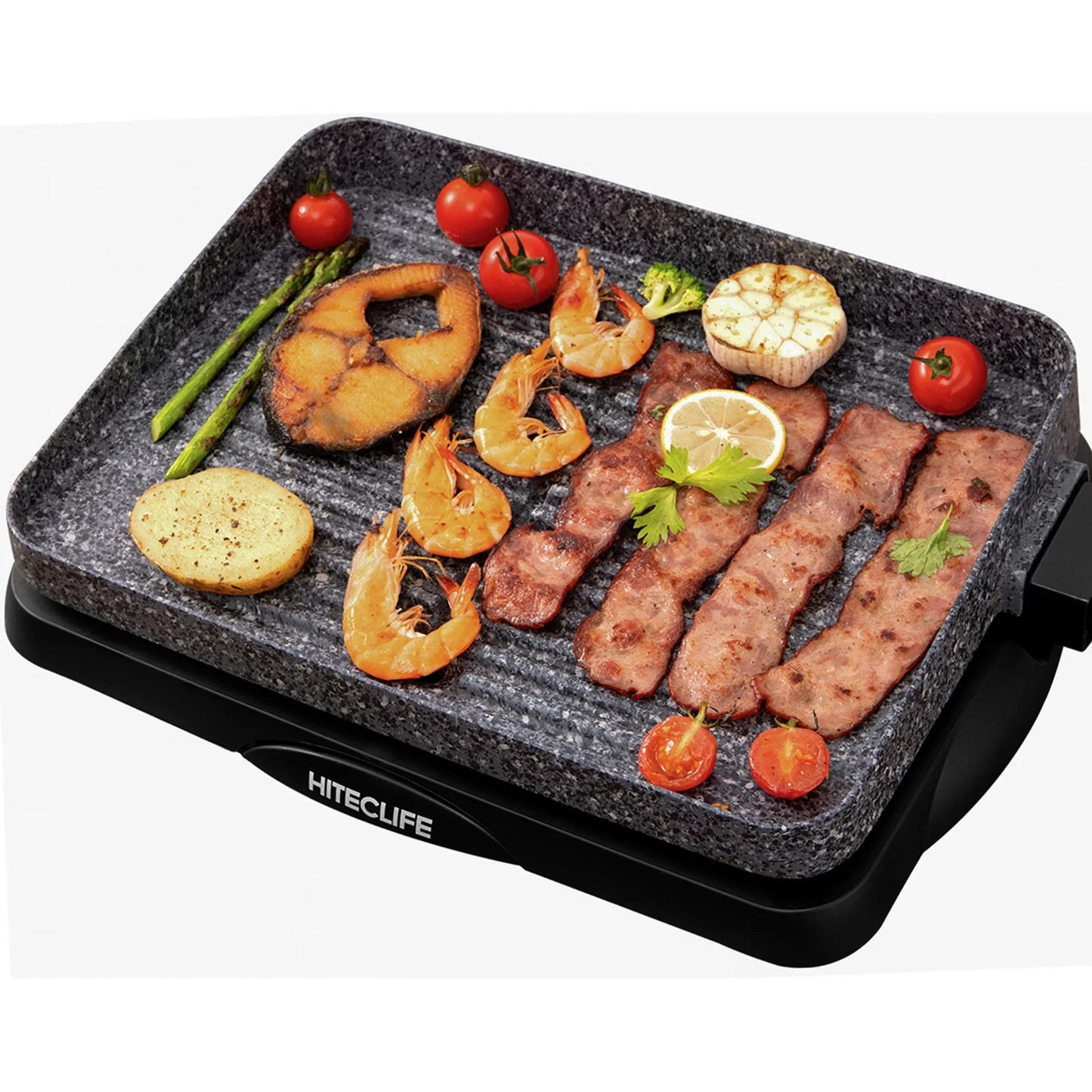 Electric Grill Indoor 1500W Korean BBQ Barbecue Granite Stone Nonstick Detachable Flat Tabletop Smart 5-Heat Plate PFOA-Free Family Size Compact 14 Inch Gray