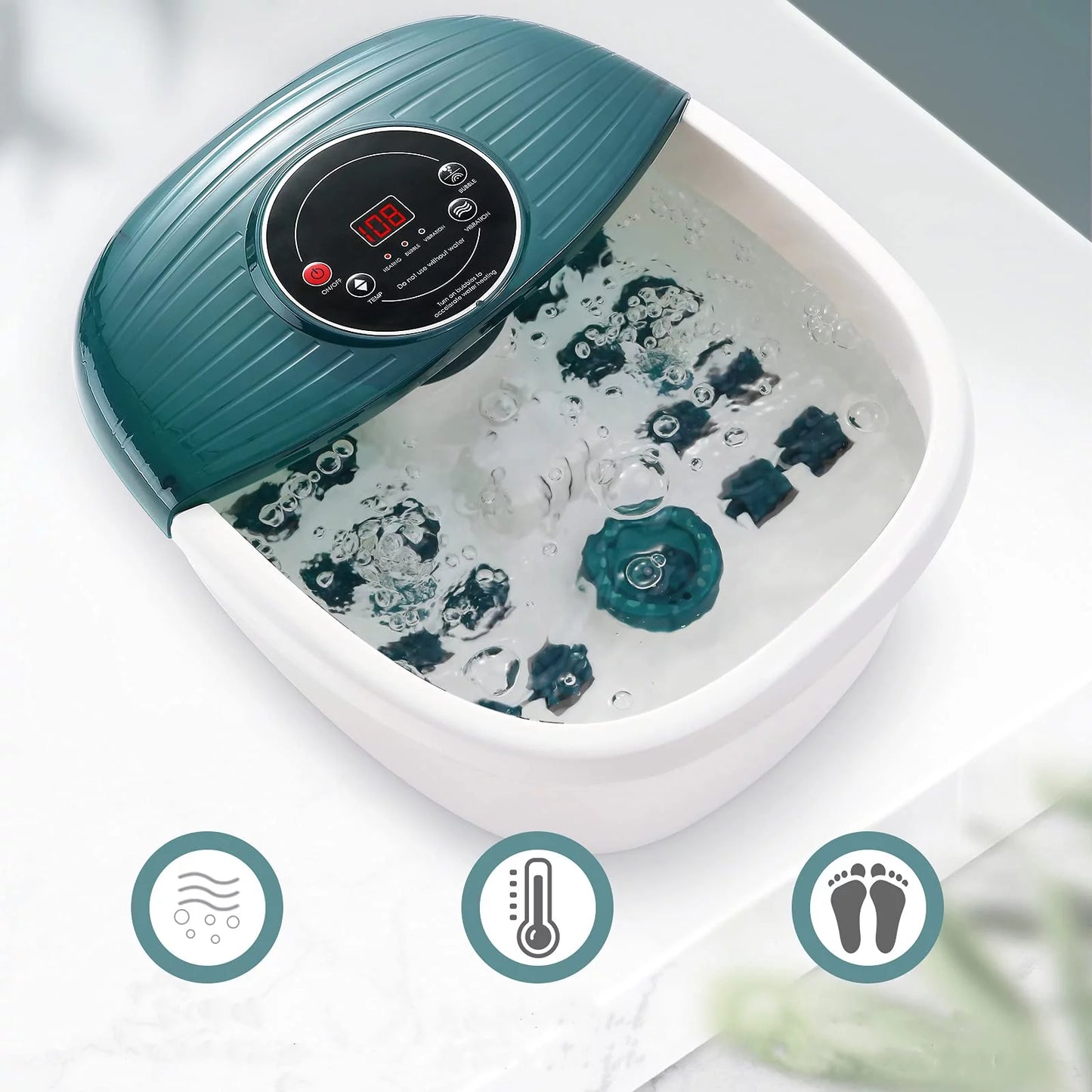 足部水療浴缸按摩器，帶無線遙控器和 8 個自動指壓按摩滾輪，加熱溫度控制，氣泡和振動，適合家庭和辦公室使用