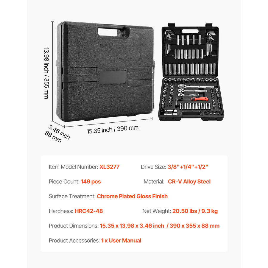 SucceBuy Socket Set 86 Pieces 3/8 1/4 1/2in Drive Socket and Ratchet Set SAE Metric Mechanic Tool Kit with Ratchet Wrench