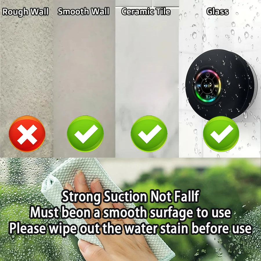 Portable Wireless Bluetooth Speaker LED Light IPX4 Waterproof Loudspeaker Outdoor Bathroom Large Suction Cup Stereo Sound Box
