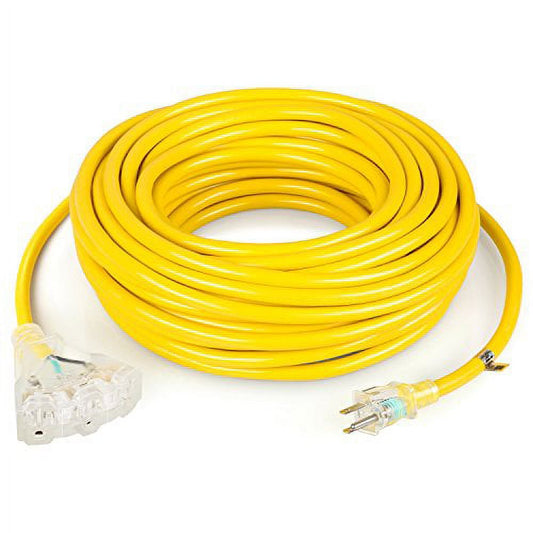 SIMBR  50 FT Extension Outdoor 12 Gauge Lighted, 15 Amps -3 Outlets Yellow