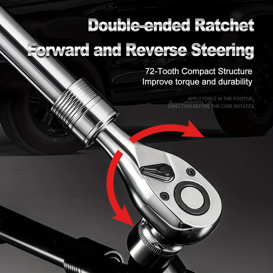 72-Tooth Ratchet Wrench Set, Chrome Vanadium Steel, Automatic Two-Way Mechanism, Stretchable, Ergonomic Grip, with Quick Socket