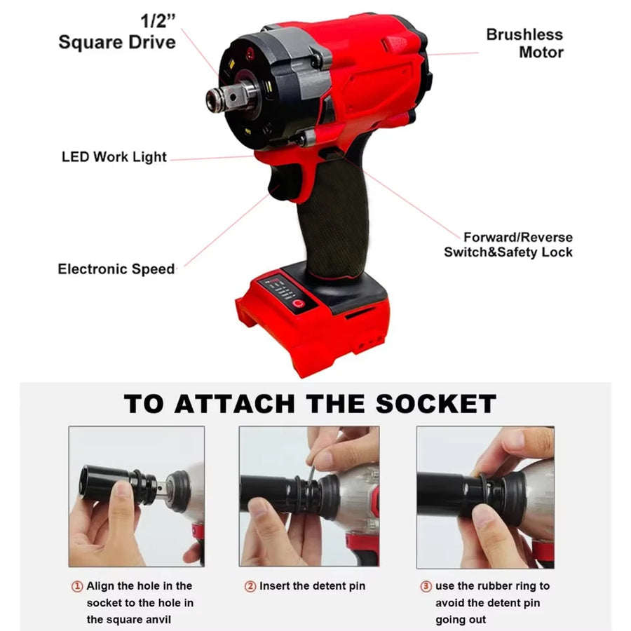 Brushless Impac Wrench 500N.m Electric Driver 1/2" Repair Cordless Screwdriver 4 Gears Power Tools for Milwaukee 18V Battery