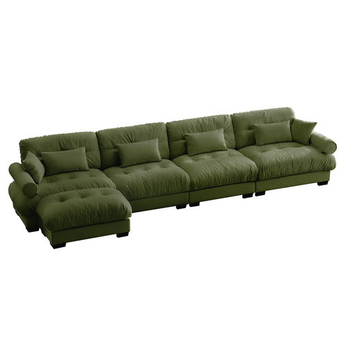 L-Shaped Cloud Sectional Sofa with Convertible Modules, 4-Seat Olive Green Velvet