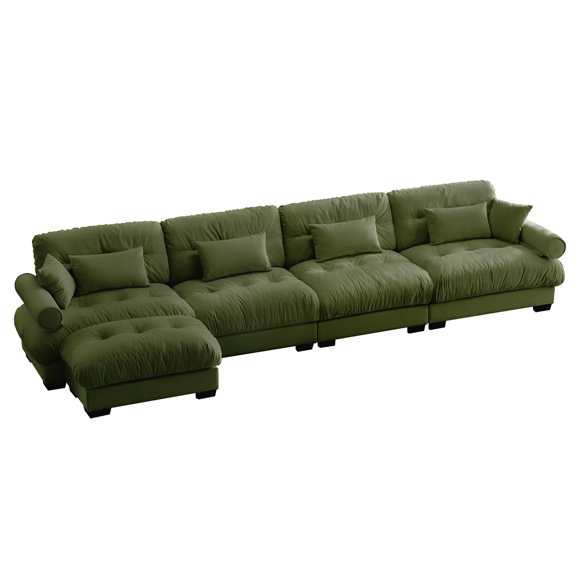 Olive Green Velvet L-Shaped Cloud Sofa | 4-Seat Modular Convertible Couch