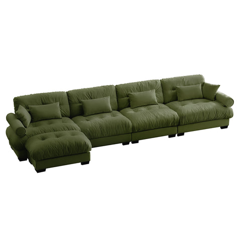 Olive Green Velvet L-Shaped Cloud Sofa | 4-Seat Modular Convertible Couch