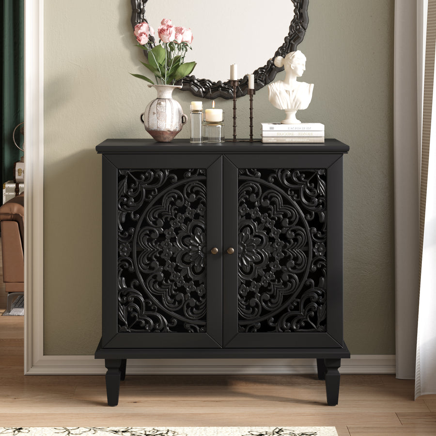 Vintage Accent Cabinet with Carved Floral Doors and Solid Wood Legs, Black, view 2