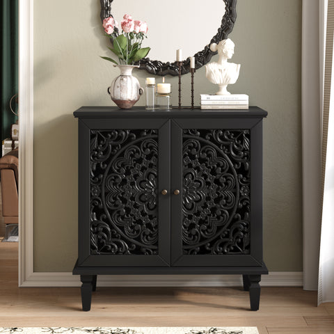 Vintage Accent Cabinet with Carved Floral Doors and Solid Wood Legs, Black, view 2