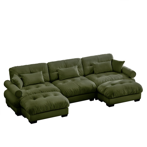 U-Shaped Modular Sectional Sofa with Movable Ottomans, 3-Seat Corner Couch, Olive Green Velvet