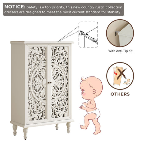 Farmhouse Accent Cabinet with Carved Hollow Doors and Turned Legs, Antique White, view 10