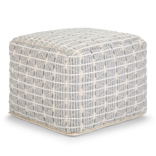 Square Pouf Ottoman, 18" Woven Cotton Footstool with Bead Filling, Light Blue and White