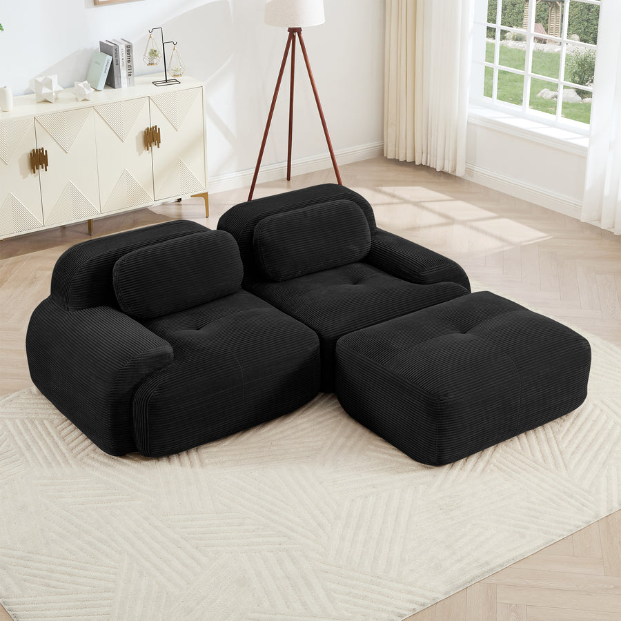 Black Soft Corduroy 82'' L-Shaped Sofa | Modular No-Assembly Curved Armrest Couch