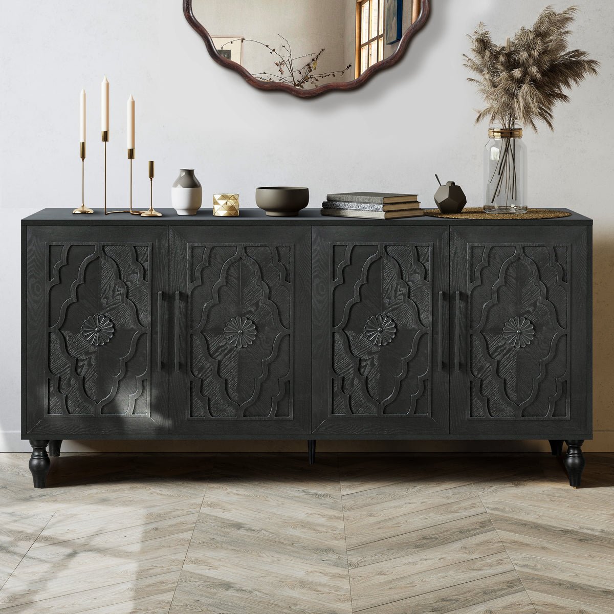 Carved Door Sideboard Buffet Cabinet, Black