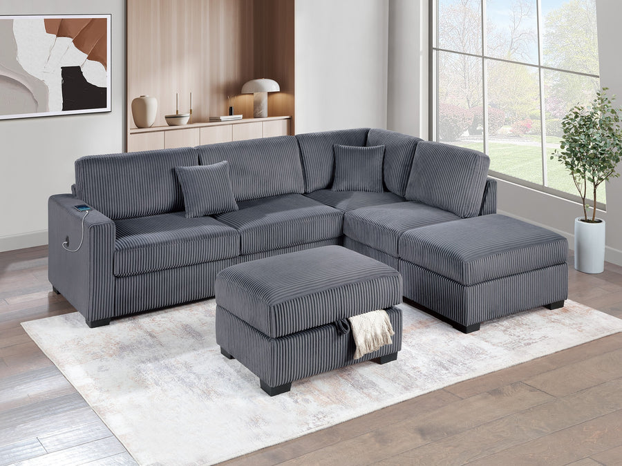 Dark Gray Wide Welt Corduroy 3-Piece Sectional Sofa Set | Reversible Chaise with USB & Storage Ottoman