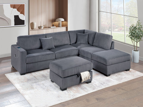 Dark Gray Wide Welt Corduroy 3-Piece Sectional Sofa Set | Reversible Chaise with USB & Storage Ottoman