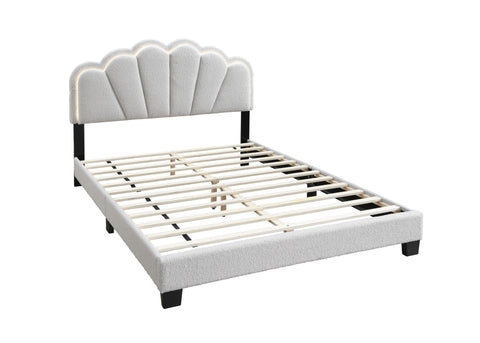 Queen Upholstered Platform Bed with Floral Headboard and Built-In LED, White, view 5