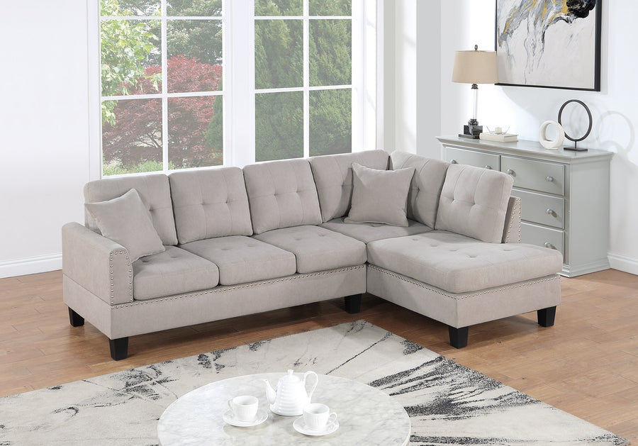 Mushroom Tweeted-Like Velvet 2-Piece Sectional Sofa Set | LAF Sofa & RAF Chaise with Tufted & Nailhead Trim