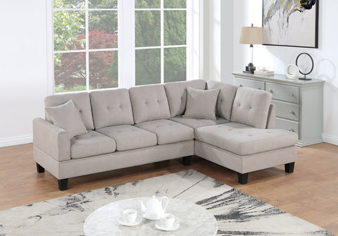 Mushroom Tweeted-Like Velvet 2-Piece Sectional Sofa Set | LAF Sofa & RAF Chaise with Tufted & Nailhead Trim