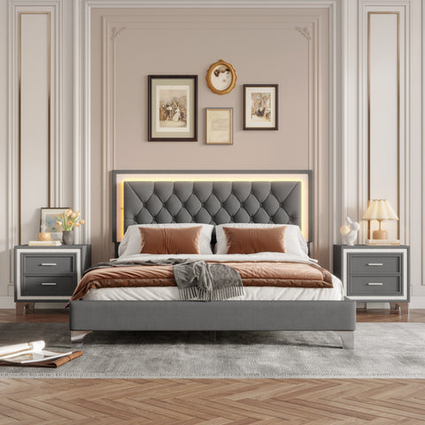 3-Piece Bedroom Set – Queen Upholstered Platform Bed with LED Lights & Two Nightstands, Gray