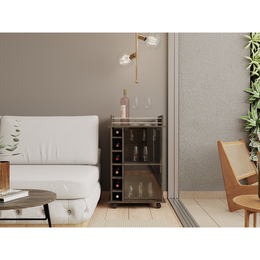 吧台车，玻璃门，四个脚轮，两层搁板，碳黑浓缩咖啡色