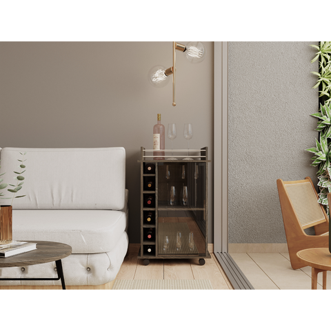 吧台车，玻璃门，四个脚轮，两层搁板，碳黑浓缩咖啡色