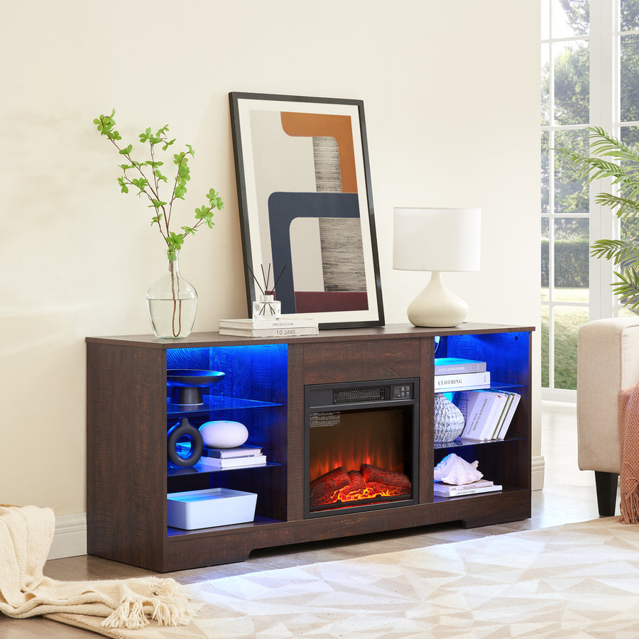 Electric Fireplace TV Stand with LED Lights and Glass Shelves, Espresso, view 5