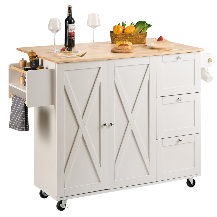 White Mobile Kitchen Island Cart with Solid Wood Top & Storage