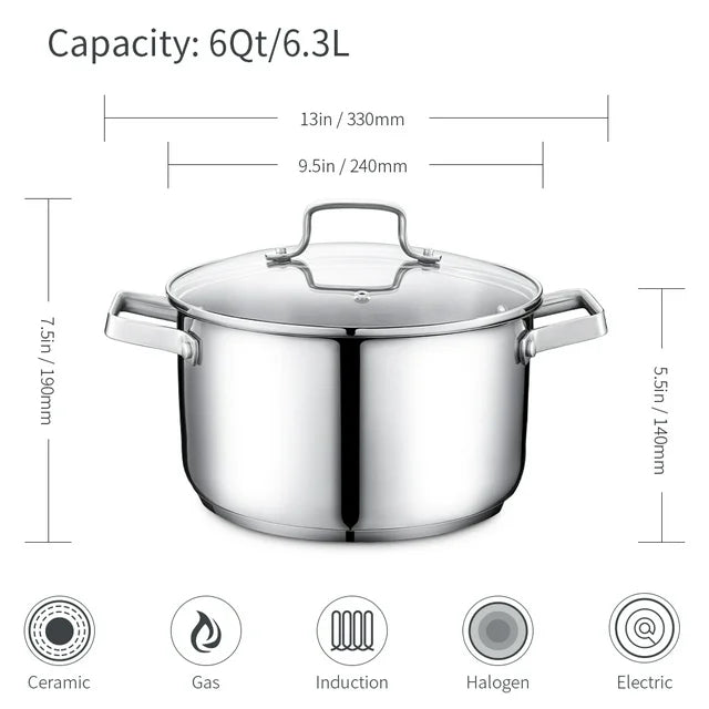 SKY LIGHT 不銹鋼湯鍋 6 誇脫，帶玻璃蓋的優質湯鍋，內部刻有刻度，相容於電磁爐