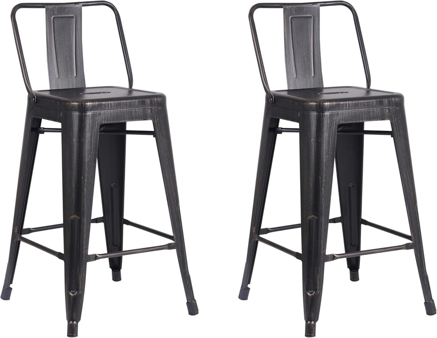 Set of 2 Distressed Black Bucket Back Barstools | 24' Seat Industrial Metal Stools