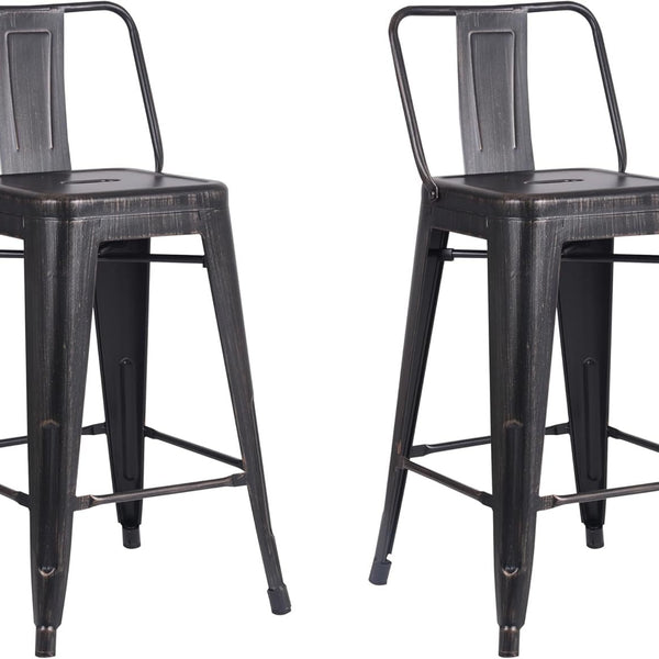 Industrial Metal Bar Stools Set of 2 with Bucket Back, 24" Counter Height, Distressed Black