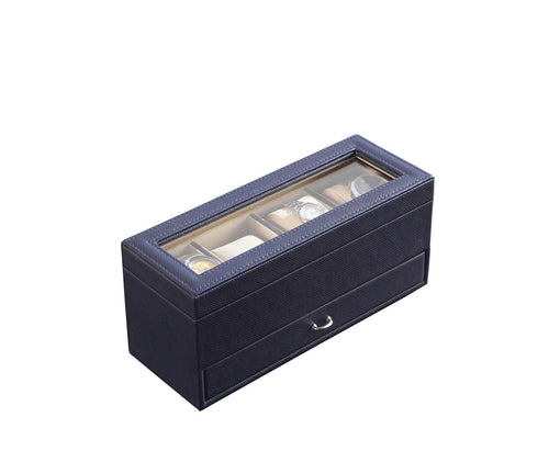 Jewelry and Watch Display Case with Tempered Glass Top and Drawer, 9.3" Navy Blue Faux Leather