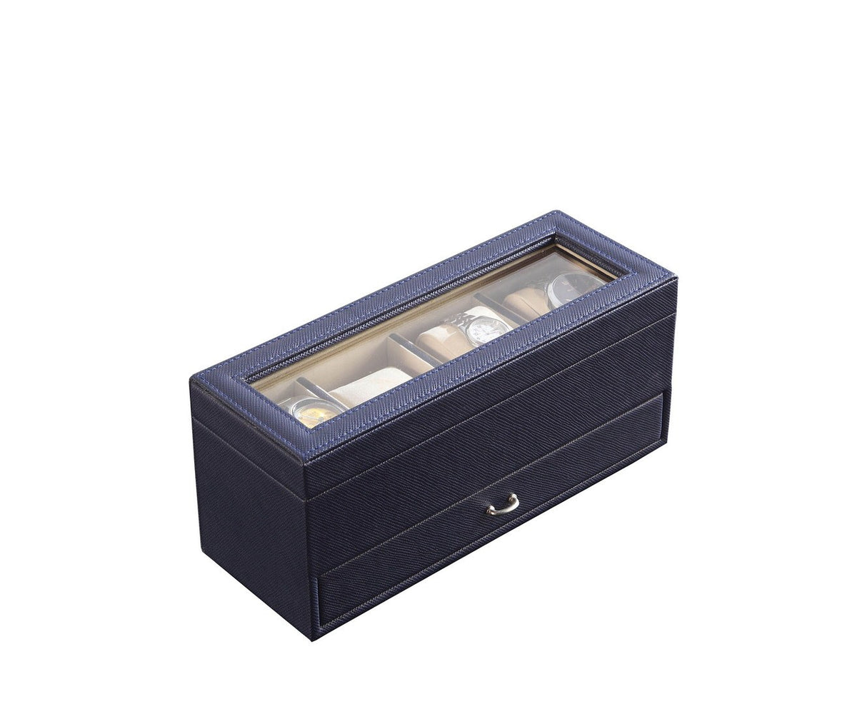 9.3' Long Blue Leather and Tempered Glass Jewelry & Watch Display Case with Drawers – Organizer for Men & Women