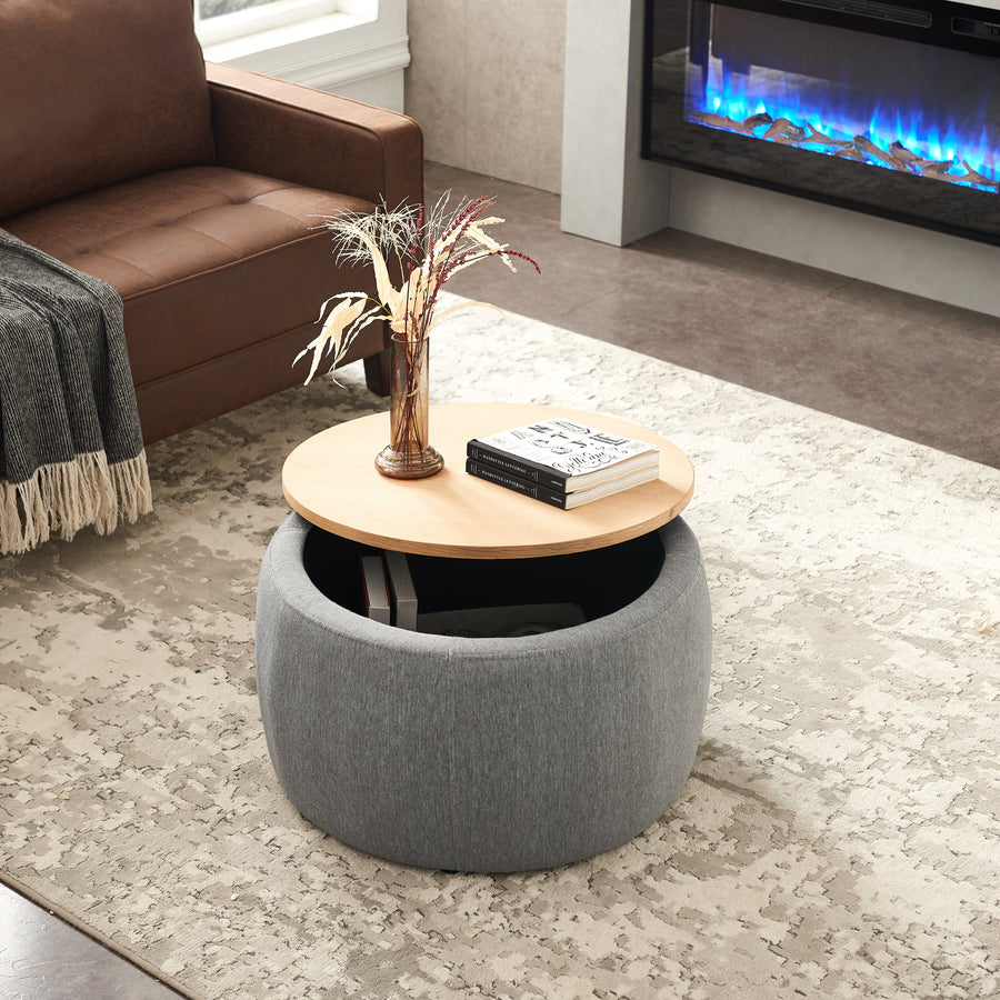 25.5' Dark Grey Round 2-in-1 Storage Ottoman End Table