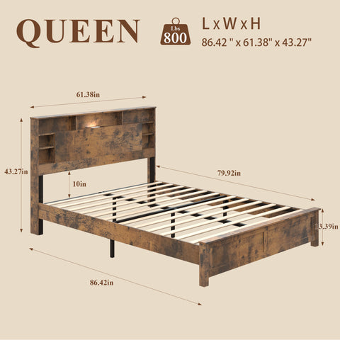 Queen Bed Frame with Bookcase Headboard, Dark Brown, view 4